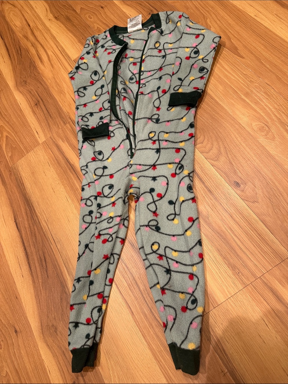 Cozy Kids Fleece One-Piece Pajama - Light Gray with Festive Lights